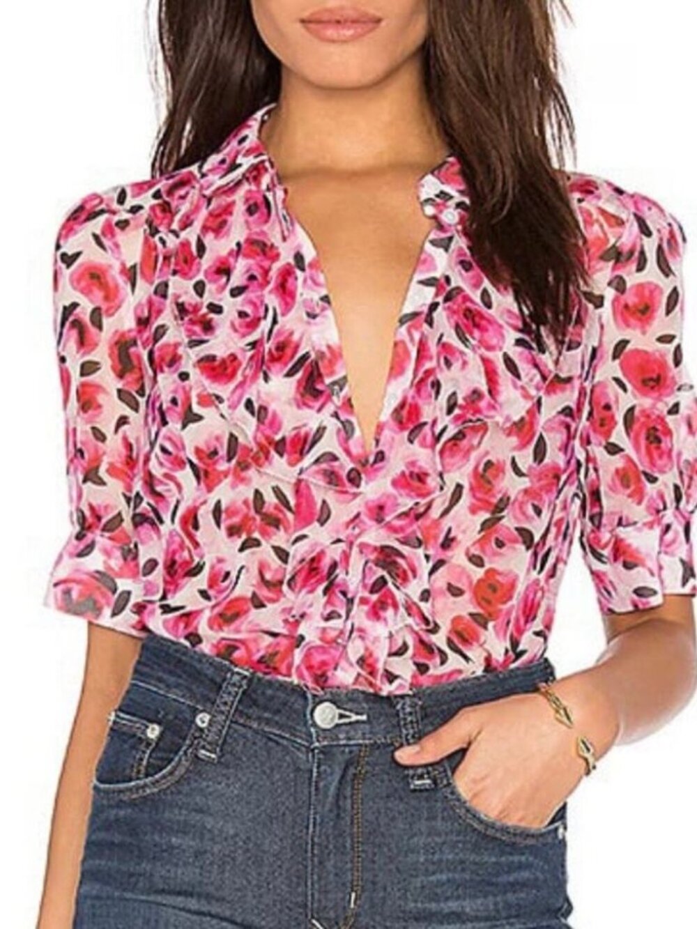 Kate Spade Rose Blouse 100% Silk Ruffle Short Sleeve Button Blouse Shirt Size 4 - Picture 2 of 8